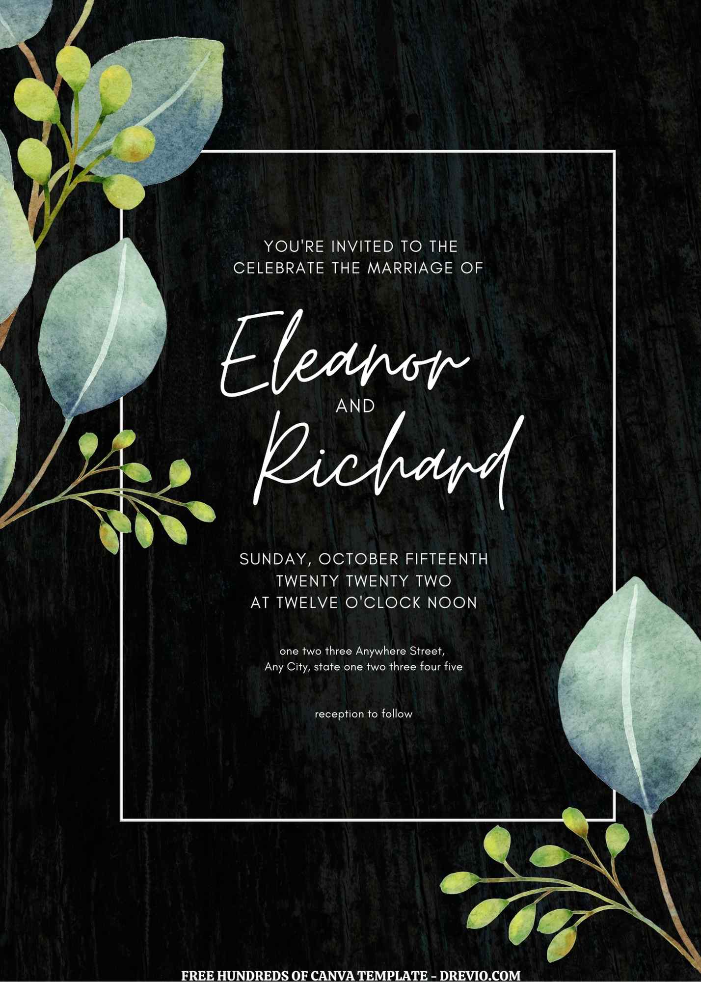 (Free) 9+ Bouquet Of Eucalyptus Wood Background Canva Wedding Invitation Templates