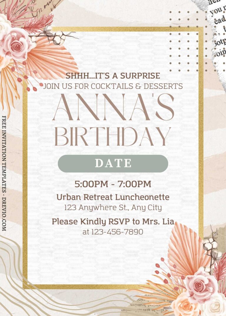 (Free) 11+ Natural Rustic Floral Canva Birthday Invitation Templates with gold frame