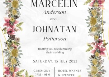 FREE PRINTABLE - 7+ Layered Floral Canva Nuptials Invitation Templates with white marble background