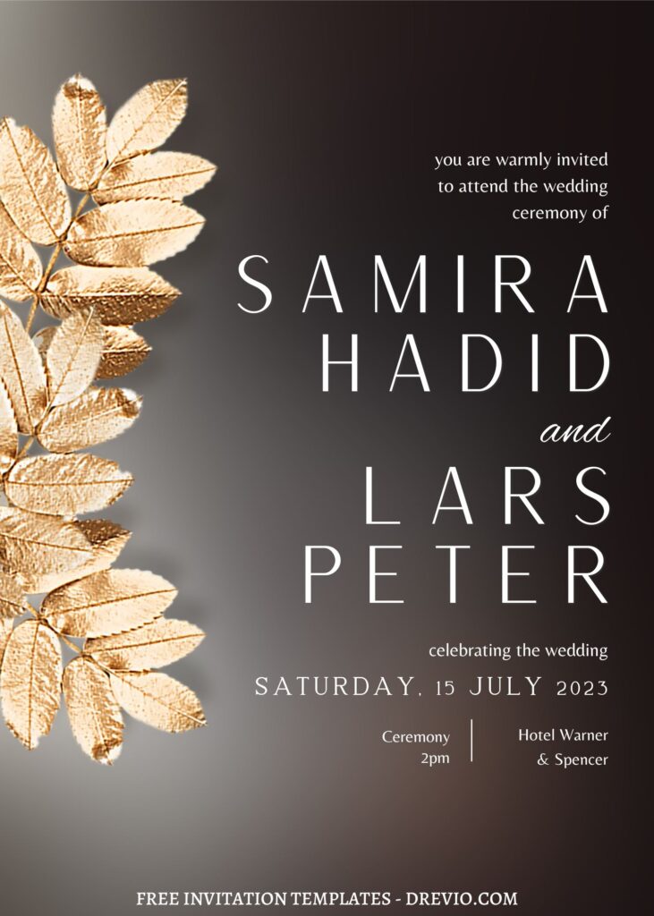 8 Gorgeous Gradient Gold Leaves Canva Invitation Templates