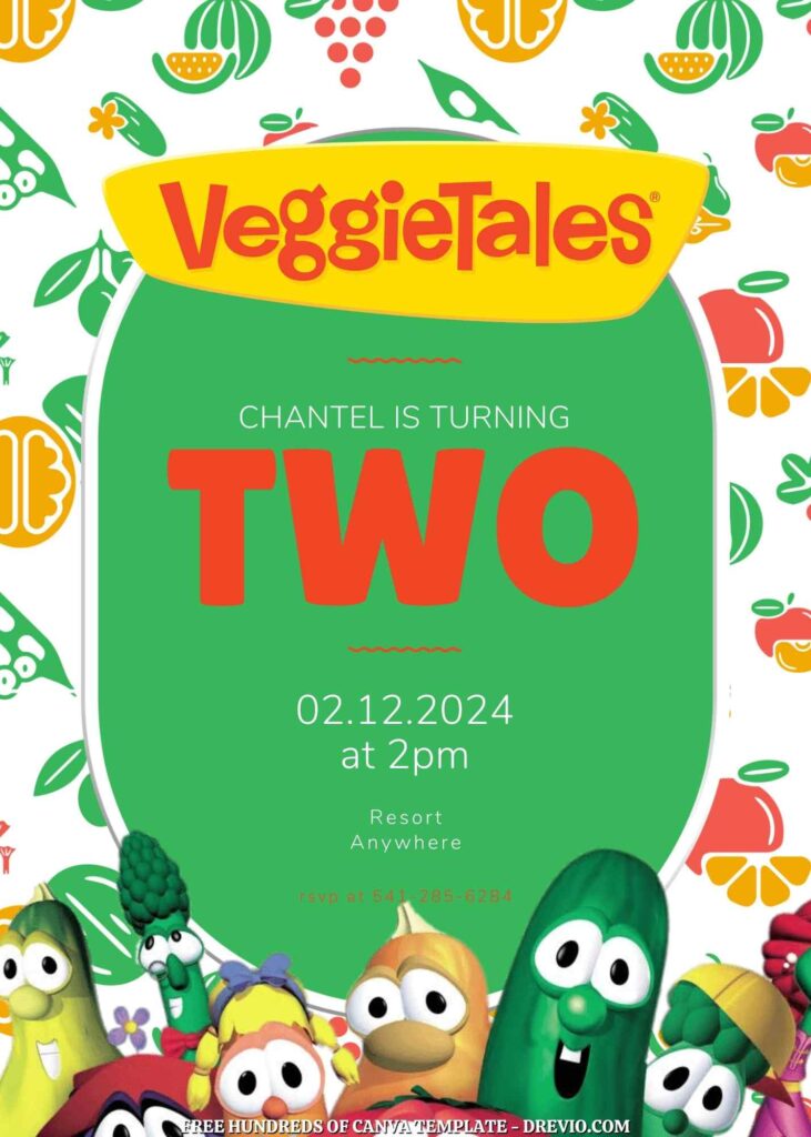 Free VeggieTales Birthday Invitations with Vegetable Drawing in the Background
