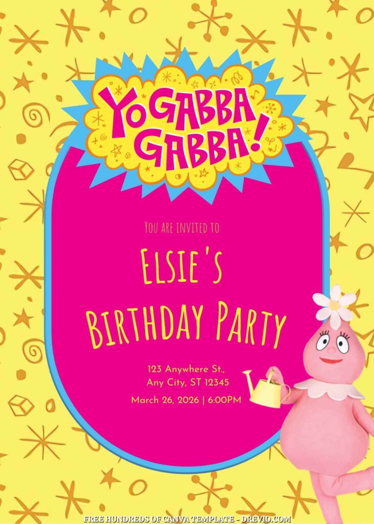 Free Yo Gabba Gabba Birthday Invitations with Yellow Pattern in the Background