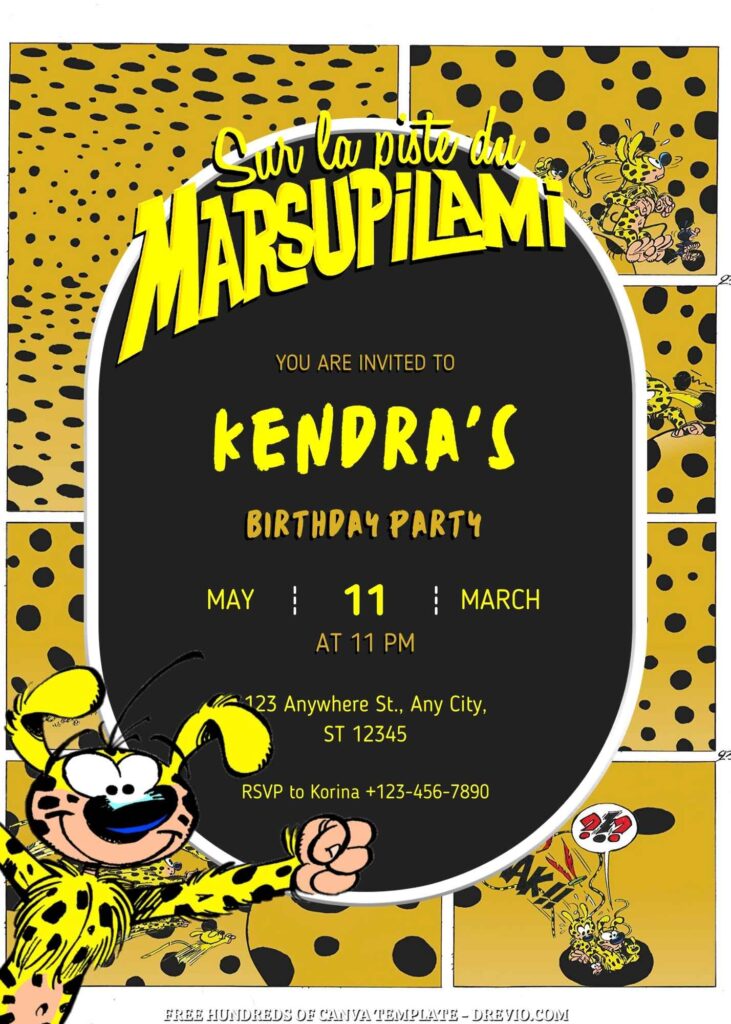 Free Marsupilami Birthday Invitations with Yellow Black Pattern in the Background
