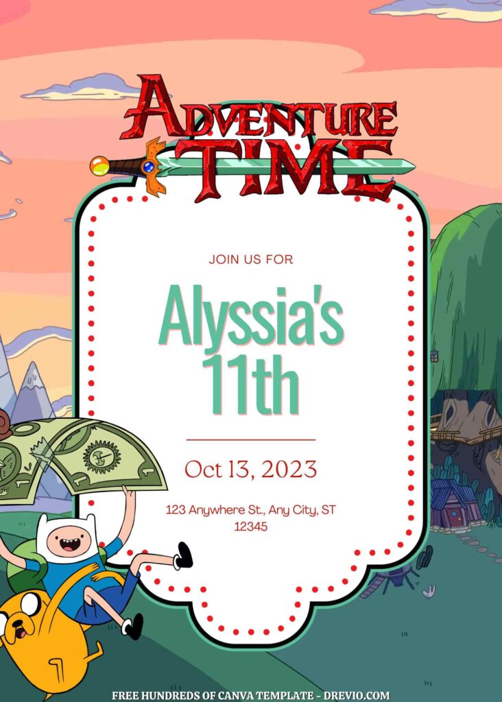 Free Adventure Time Birthday Invitations with Scenery in the Background