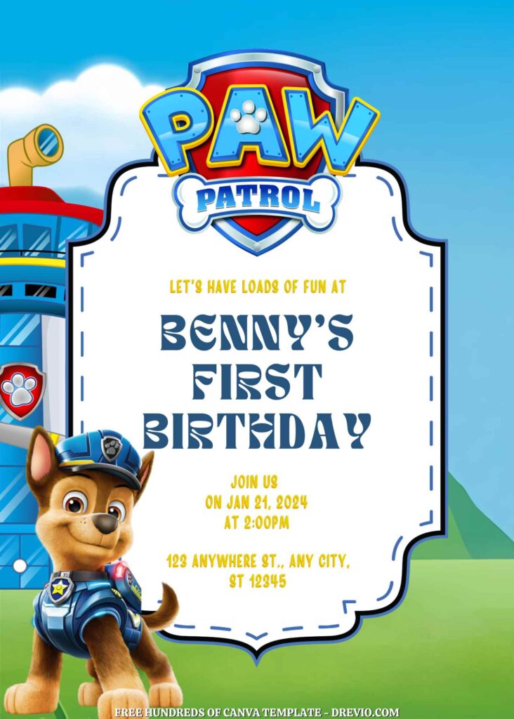 Free Paw Patrol Birthday Invitations with Blue Background
