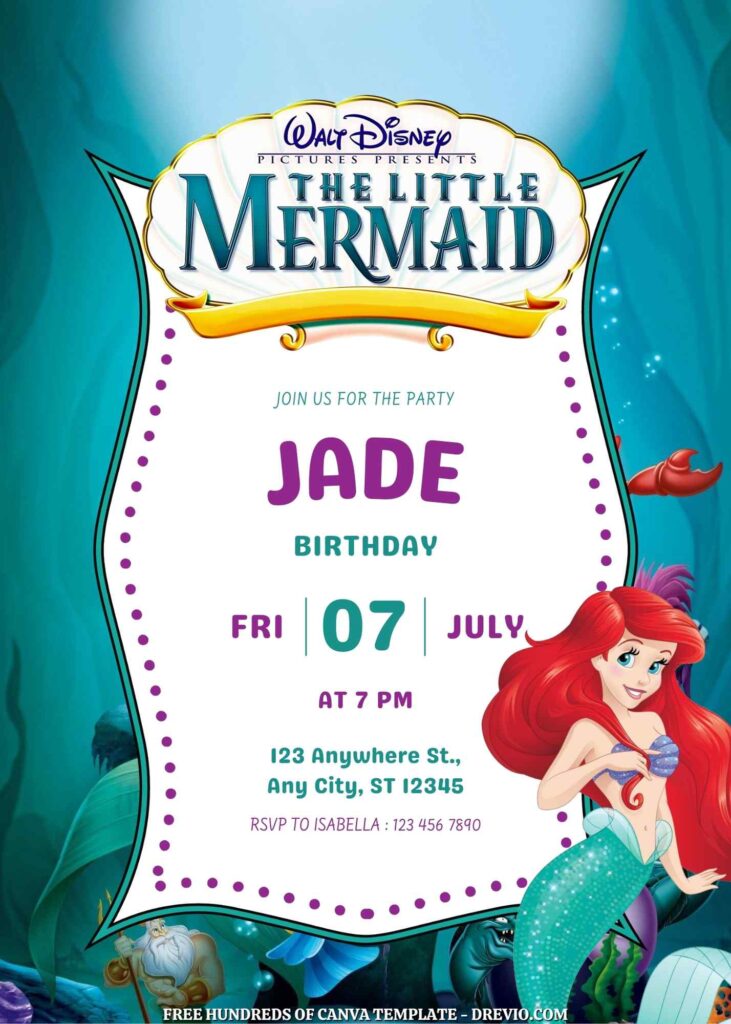 Little Mermaid Birthday invitations with Undersea in the Background