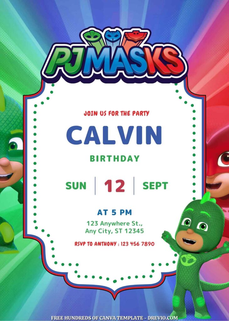 Free PJ Masks Birthday Invitations with Group in the Background