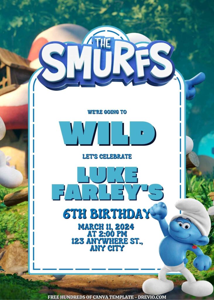 Free Smurfs Birthday Invitations with Grup in the Background