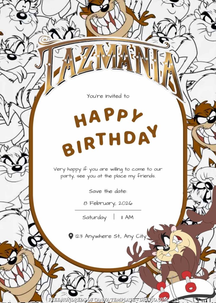 Free Taz-Mania Birthday Invitations with Black and White Background