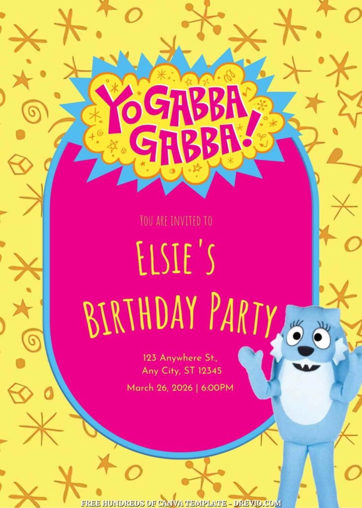 Free Yo Gabba Gabba Birthday Invitations with Yellow Pattern in the Background