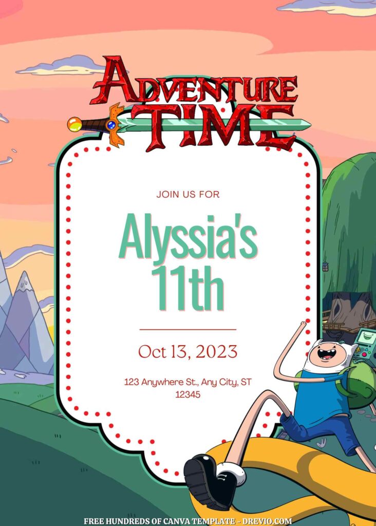 Free Adventure Time Birthday Invitations with Scenery in the Background
