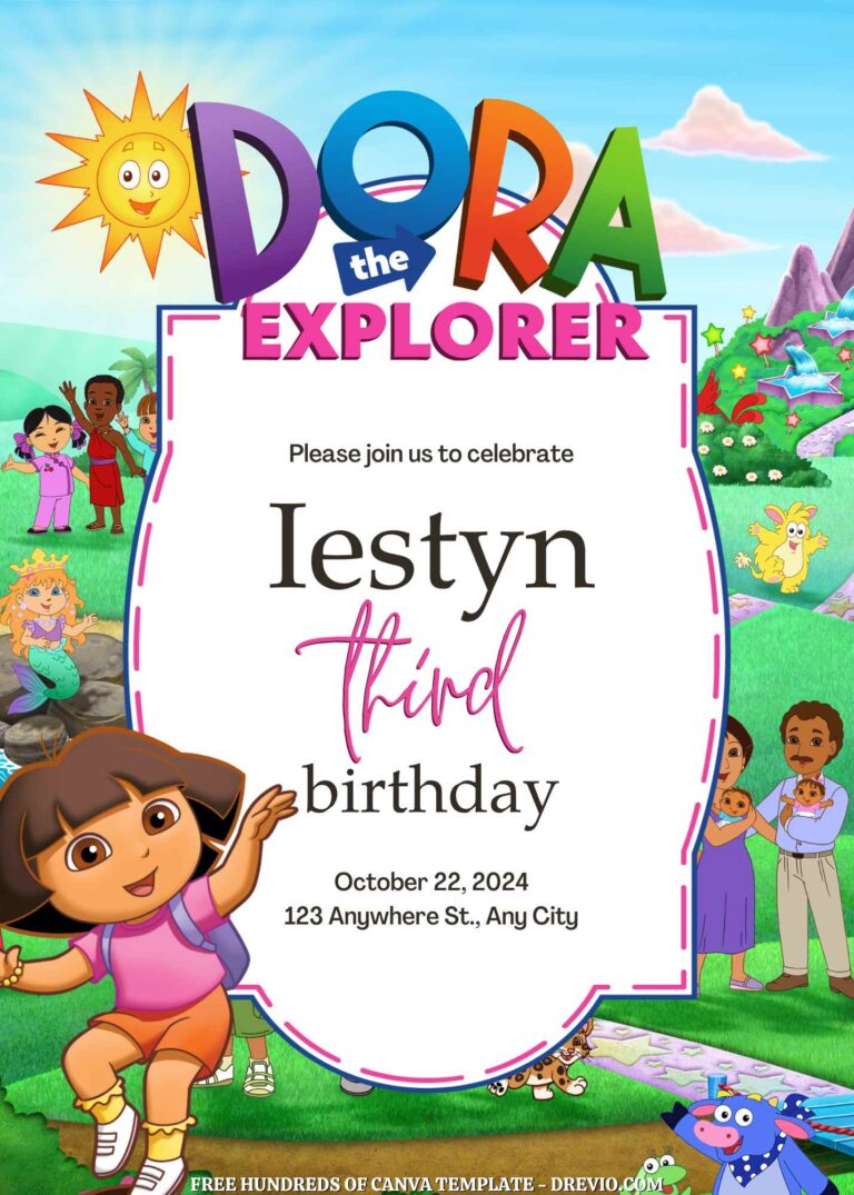 Free Dora the Explorer Birthday Invitations with Group in the Background