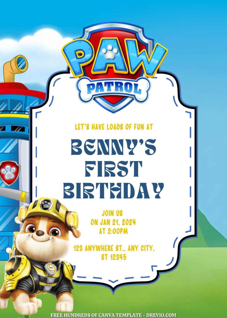 Free Paw Patrol Birthday Invitations with Blue Background