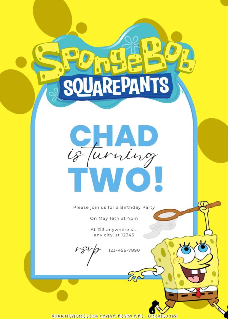 Free SpongeBob Squarepants Birthday Invitations with Yellow Background