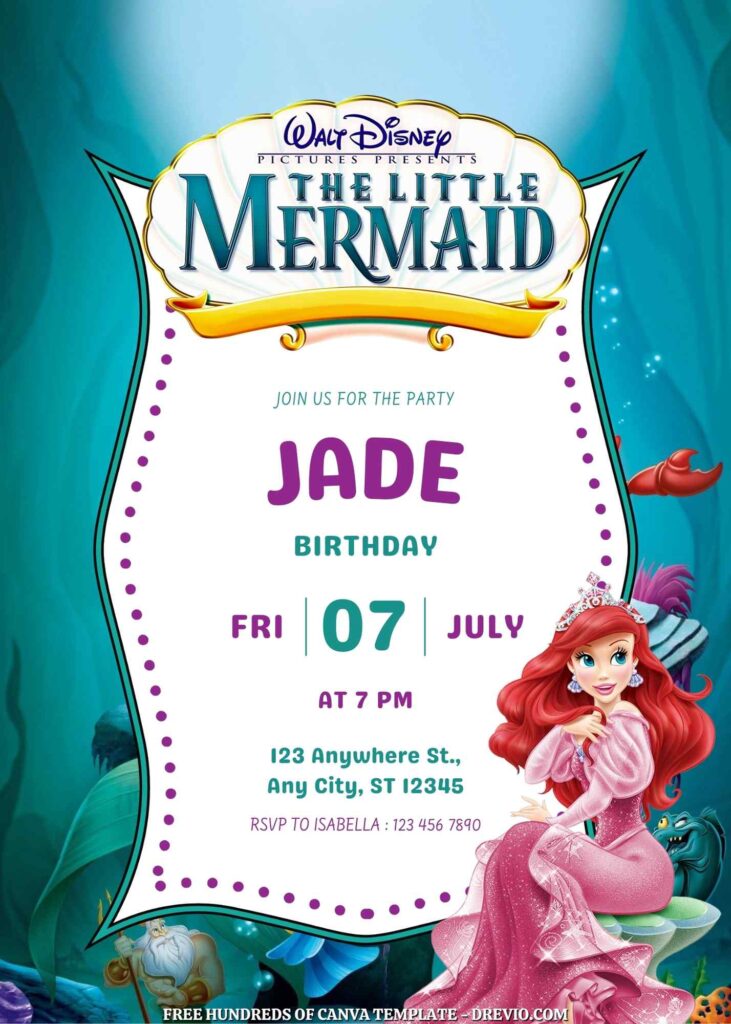 Little Mermaid Birthday invitations with Undersea in the Background