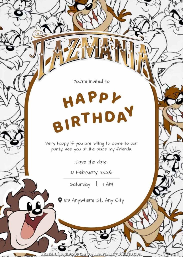 Free Taz-Mania Birthday Invitations with Black and White Background
