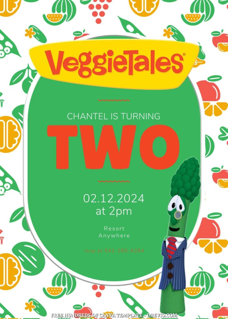 Free VeggieTales Birthday Invitations with Vegetable Drawing in the Background
