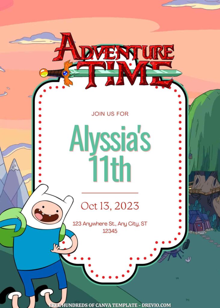 Free Adventure Time Birthday Invitations with Scenery in the Background
