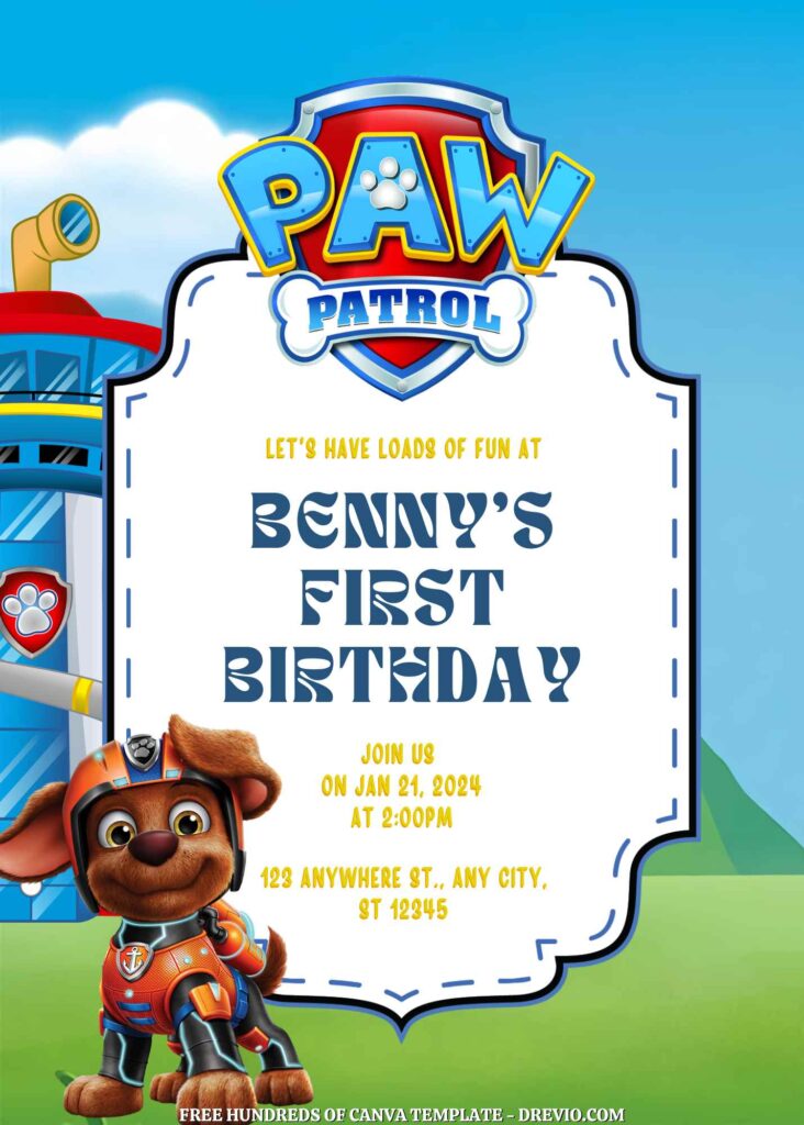 Free Paw Patrol Birthday Invitations with Blue Background