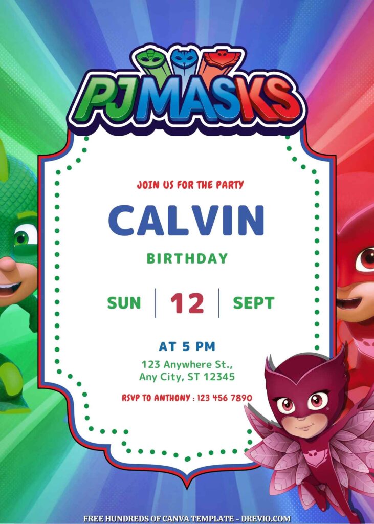 Free PJ Masks Birthday Invitations with Group in the Background