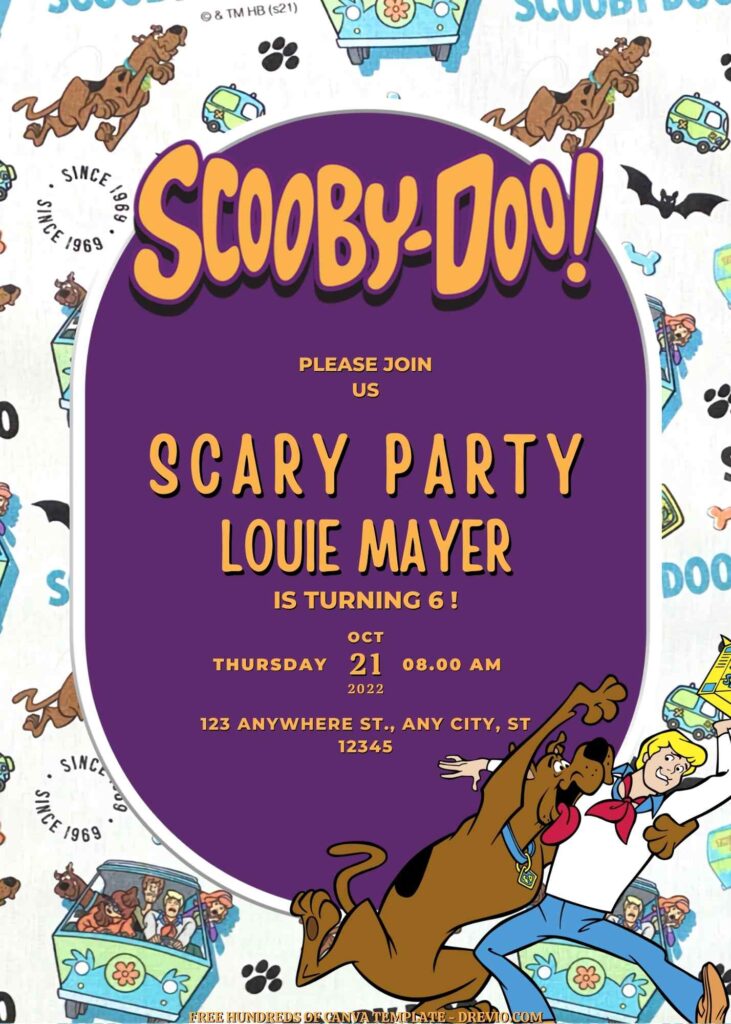 Scooby Doo birthday invitation design featuring Mystery Machine, paw prints, and bright cartoon clue icons