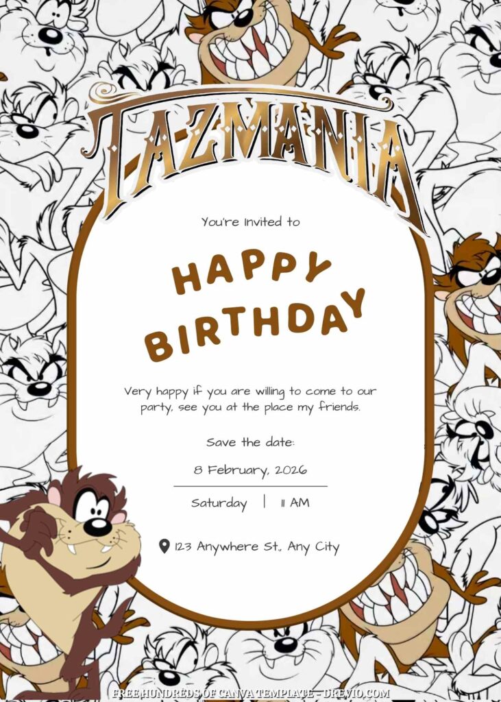 Free Taz-Mania Birthday Invitations with Black and White Background