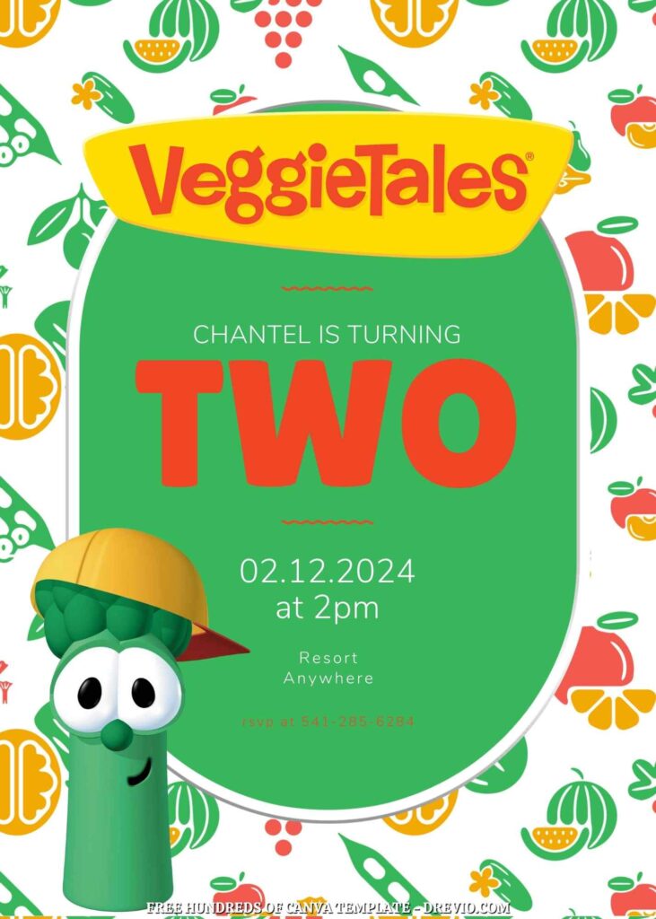 Free VeggieTales Birthday Invitations with Vegetable Drawing in the Background

