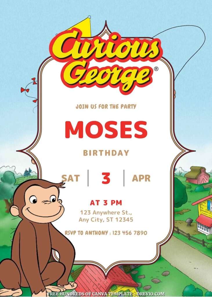 Free Curious George Birthday Invitations with Scenery in the Background