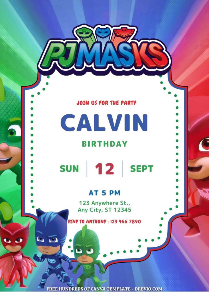 Free PJ Masks Birthday Invitations with Group in the Background