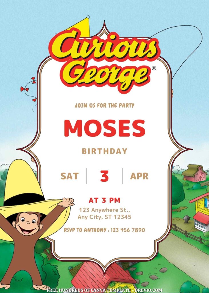 Free Curious George Birthday Invitations with Scenery in the Background