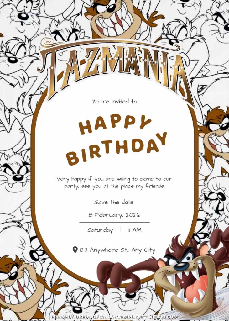 Free Taz-Mania Birthday Invitations with Black and White Background