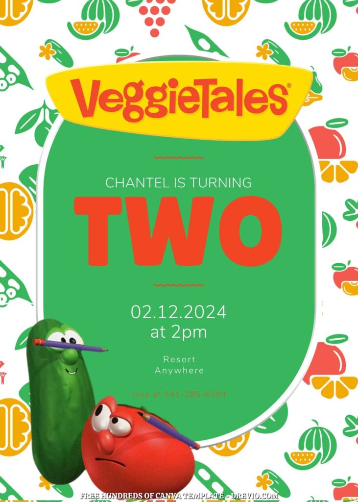 Free VeggieTales Birthday Invitations with Vegetable Drawing in the Background

