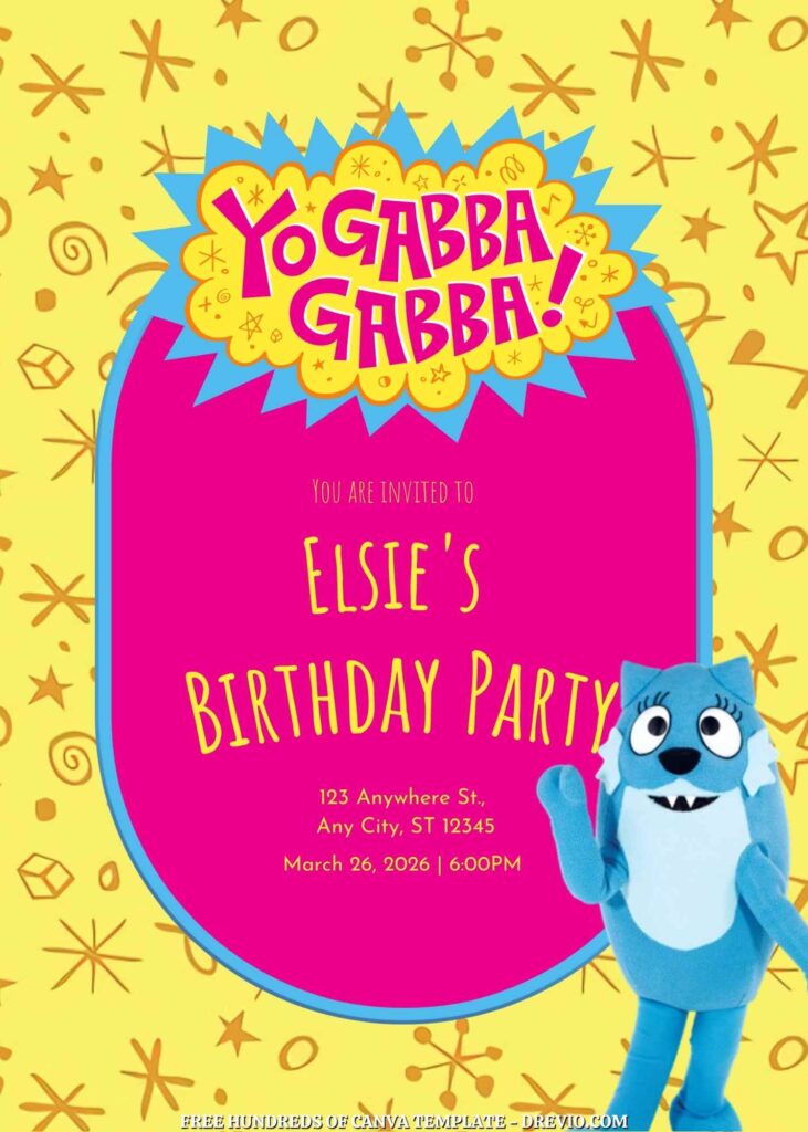 Free Yo Gabba Gabba Birthday Invitations with Yellow Pattern in the Background