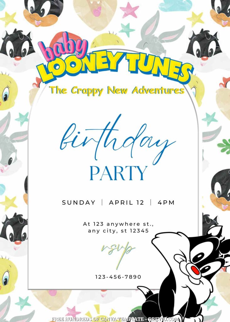 Free Baby Looney Tunes Customize Invitations with Group in the Background