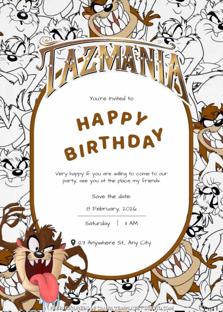 Free Taz-Mania Birthday Invitations with Black and White Background