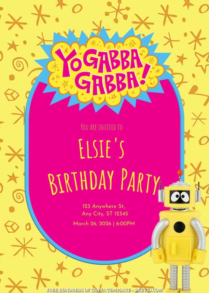 Free Yo Gabba Gabba Birthday Invitations with Yellow Pattern in the Background