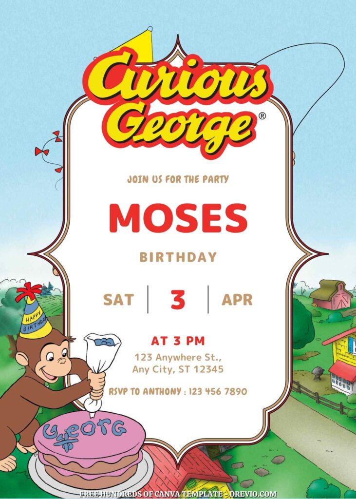 Free Curious George Birthday Invitations with Scenery in the Background