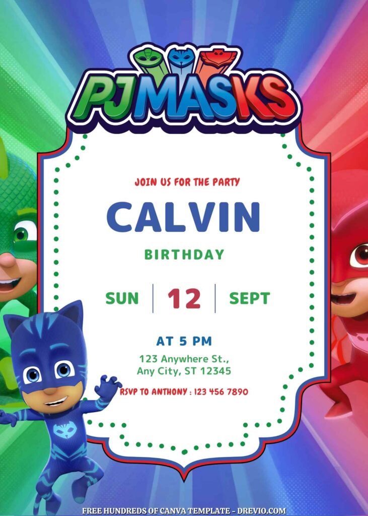 Free PJ Masks Birthday Invitations with Group in the Background