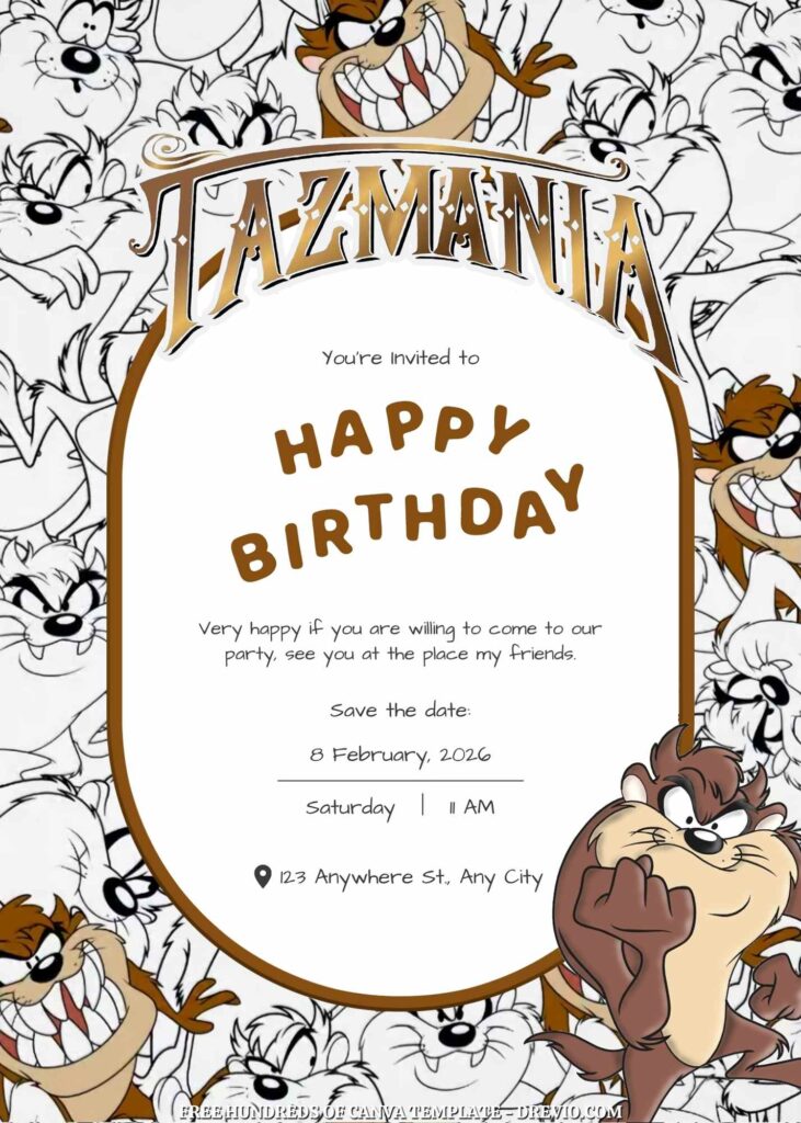 Free Taz-Mania Birthday Invitations with Black and White Background
