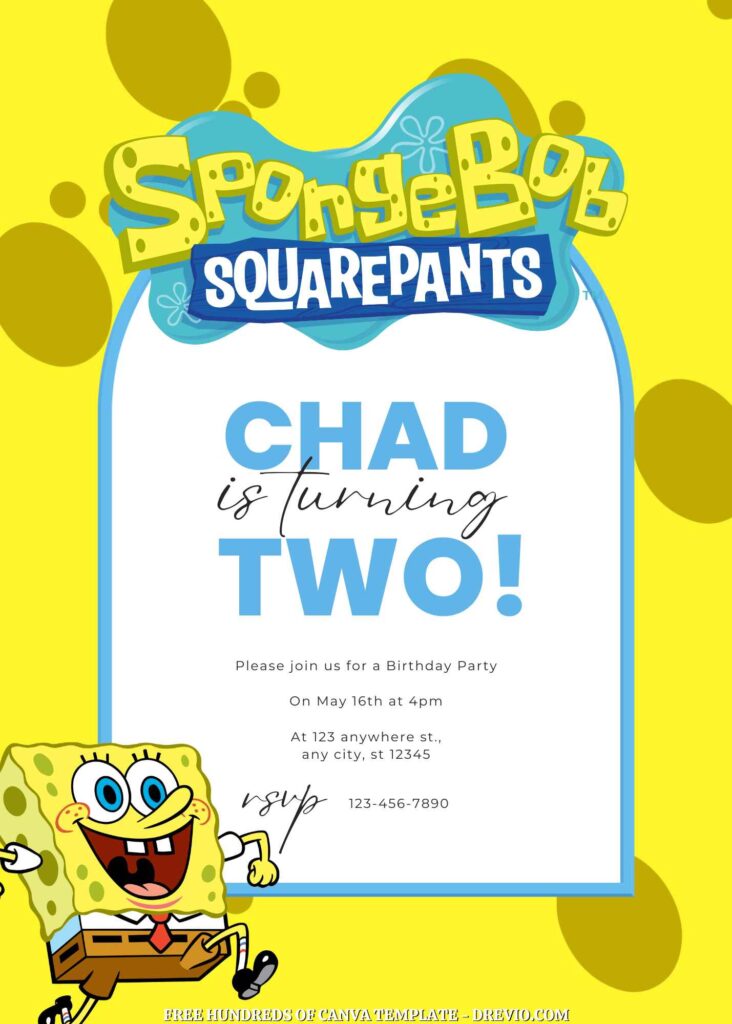 Free SpongeBob Squarepants Birthday Invitations with Yellow Background