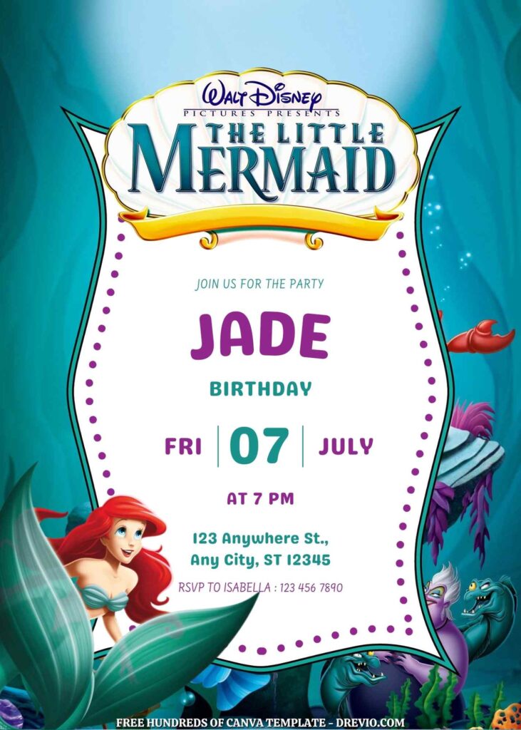 Little Mermaid Birthday invitations with Undersea in the Background