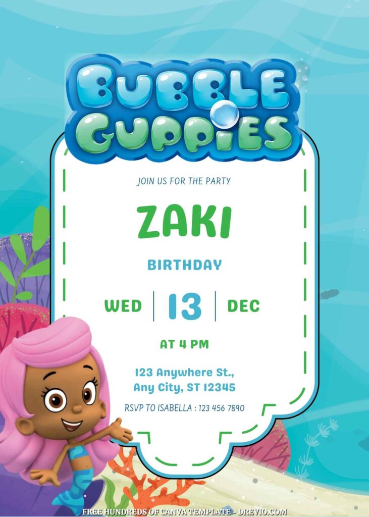 Free Bubble Guppies Birthday Invitations with Undersea Background