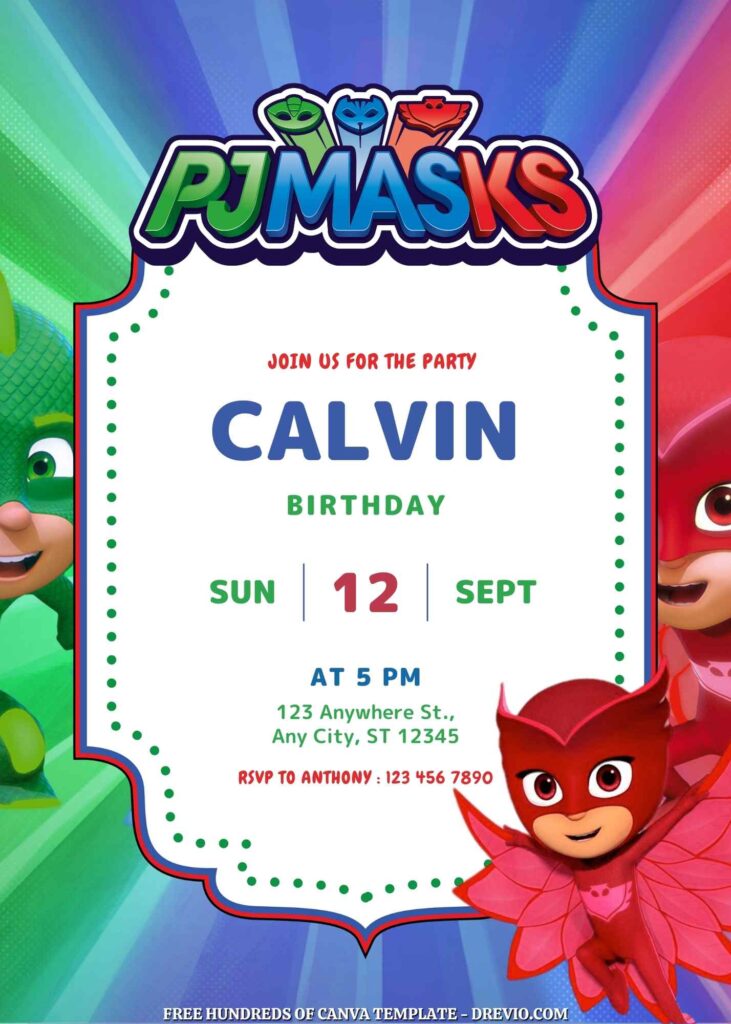 Free PJ Masks Birthday Invitations with Group in the Background