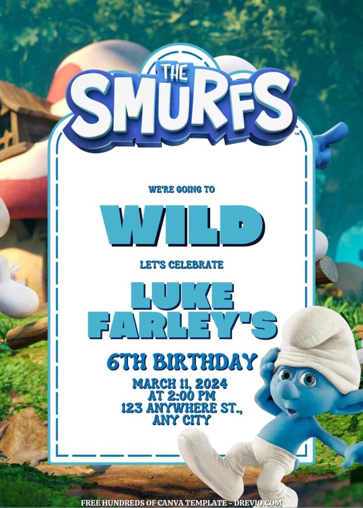 Free Smurfs Birthday Invitations with Grup in the Background