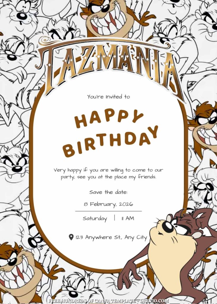 Free Taz-Mania Birthday Invitations with Black and White Background