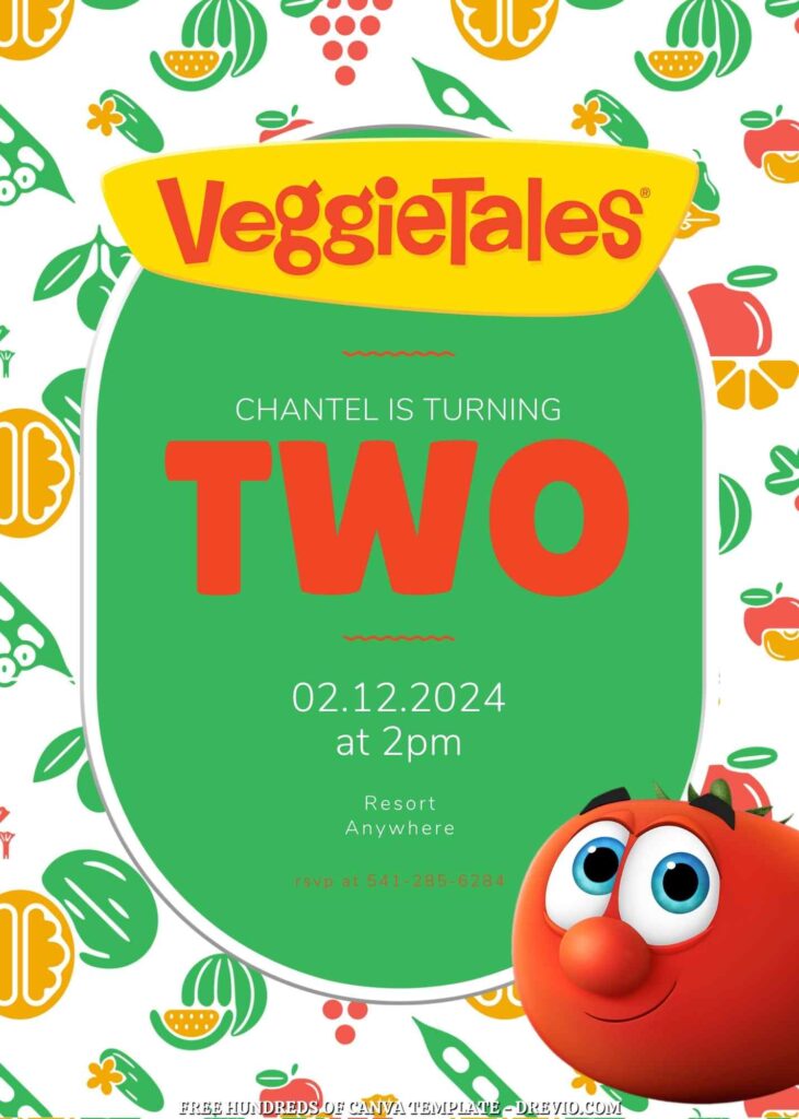 Free VeggieTales Birthday Invitations with Vegetable Drawing in the Background
