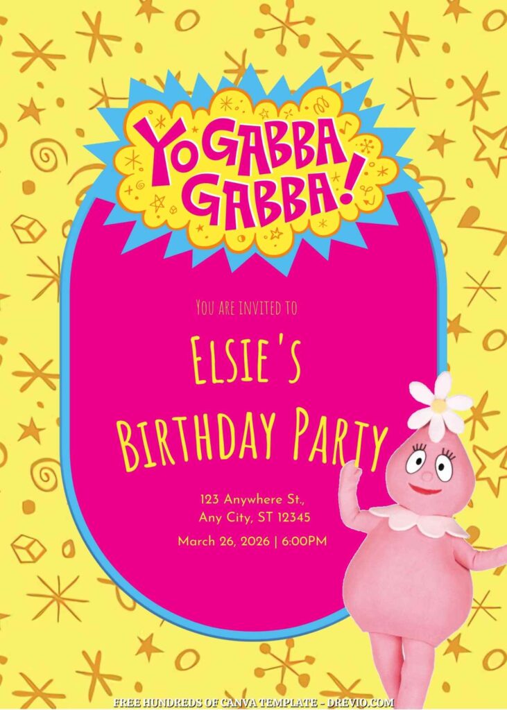 Free Yo Gabba Gabba Birthday Invitations with Yellow Pattern in the Background