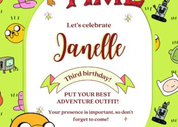Free Adventure Time Birthday Invitations with Group in the Green Background