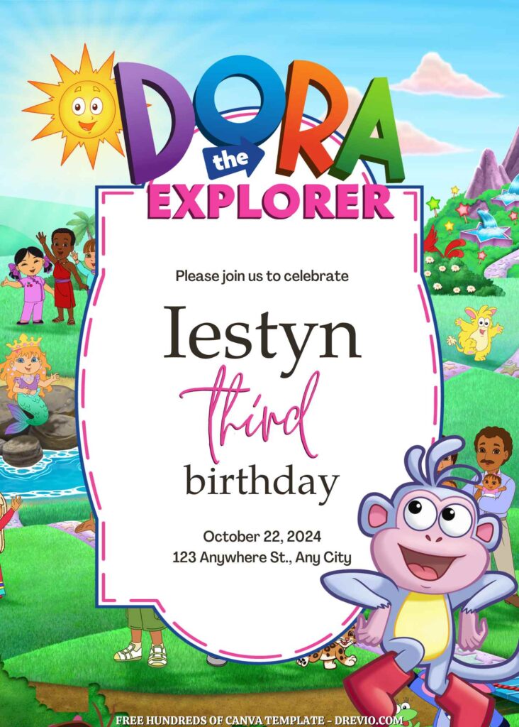 Free Dora the Explorer Birthday Invitations with Group in the Background
