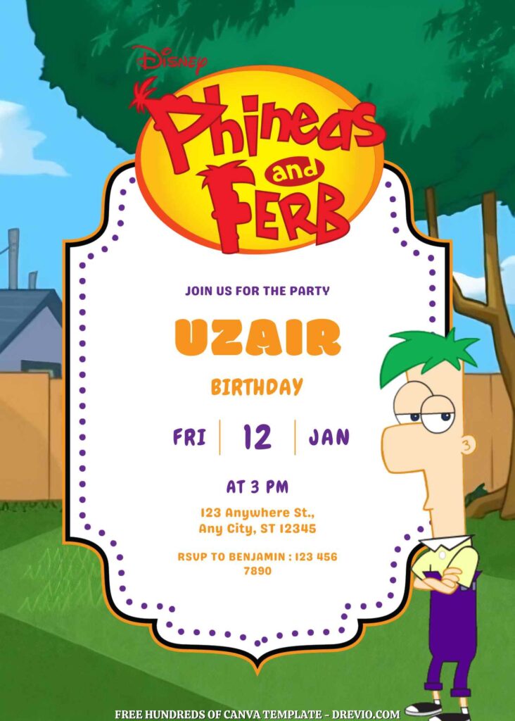 Free Phineas and Ferb Birthday Invitations with Scenery in the Background